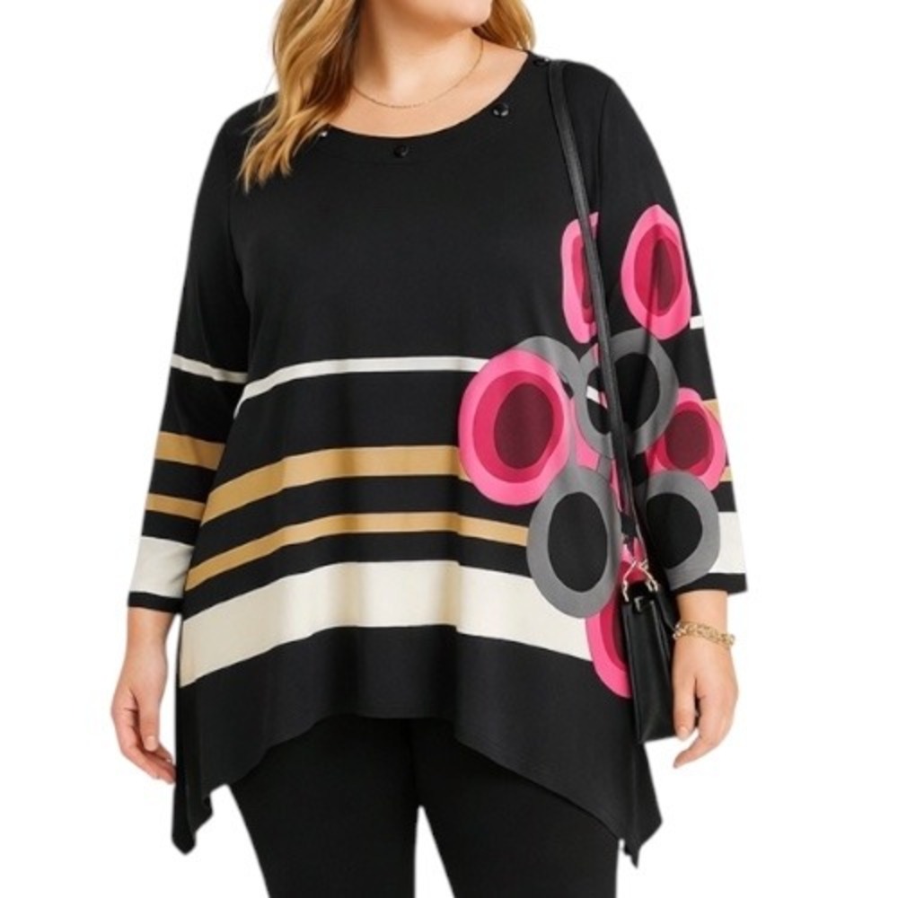 Isabel Women XL Black‎ Pink Geometric Stripe Sharkbite Hem Tunic Blouse Studded